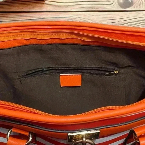 Women’s Orange & White Striped Shoulder/Hand Bag | Removable Strap | 12”x13.5” - Picture 3 of 4